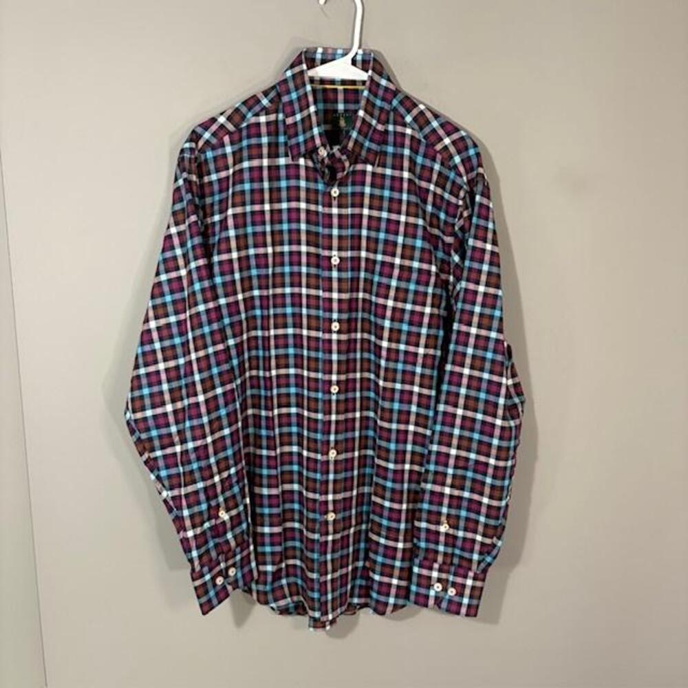 Robert Talbott Shirt Mens Medium Blue Plaid Long Sleeve Button Up Cotton Casual